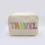 Keymay No MOQ Personalized Cute Beauty Toiletry Bag Nylon Travel Makeup Pouch Chenille Patches Letter Cosmetic Bag