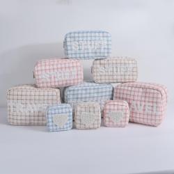 Keymay Hot Sale Winter Embroidery Pearl Letter Cherecked Plaid Tweed Cosmetic Bag Letter Cosmetic Bag Tweed Cosmetic Pouch