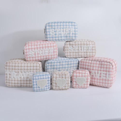 Keymay Hot Sale Winter Embroidery Pearl Letter Cherecked Plaid Tweed Cosmetic Bag Letter Cosmetic Bag Tweed Cosmetic Pouch