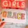 Wholesale Letter Chenille Custom Monogram Makeup Bag Personalized Cosmetic Bag Travel Quilted Nylon Cosmetic Makeup Bag