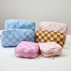 Factory Custom Cosmetic Bag Travel Makeup Organizer Nylon Zipper Pouch 4 Sizes Checked Toiletry Bag Checkered Print Make up Bags