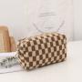 Gelory Makeup Pouch Travel Toiletry Organizer Bag Knitted Black Brown Checkered Cosmetic Bag for Women Girls
