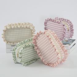 New Wholesale Checkered Plated edge Toilet Zipper Ruffled Hot Sale Plaid Preppy Cosmetic Bag Gingham Makeup Bags