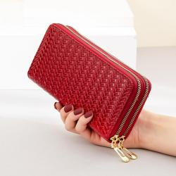 ZR573 Women's Wallet Long Handbag PU Double-layer Zipper Coins Wallet Purse Girl Stylish Weave Mobile Phone Bag Card Holder