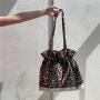 Wholesale women's creative casual rope frilly shopping bag fashion leopard print single shoulder bag nylon patchwork canvas tote