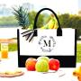 Personalized initials canvas beach bag gift handbag women's black and white solid Cotton Canvas Shoulder Bag