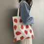 2024 New Strawberry Printed Reusable Canvas Bag Cartoon-Patterned Shoulder Bag Large Capacity Shopping Tote Bag