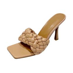 DropShipping Summer Fashion Women Twist Strap Flat Slippers Ladies Square Toe PU Leather Slip On Slide Sandals