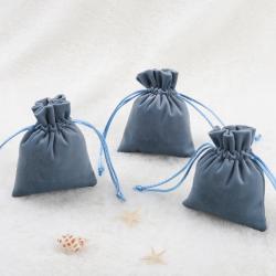 Custom Emboss Logo Soft Blue Luxury Flannel Gift Packaging Drawstring Velvet Jewelry Pouch Bag