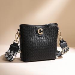 New woven pu leather tote bag lock buckle bucket bag fashion large capacity single shoulder crossbody bag for women
