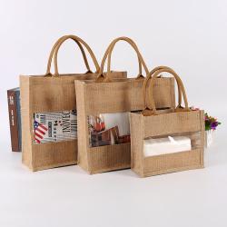 Customized portable burlap PVC transparent window burlap bag storage jute cloth bag waterproof tote burlap bag