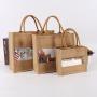 Customized portable burlap PVC transparent window burlap bag storage jute cloth bag waterproof tote burlap bag