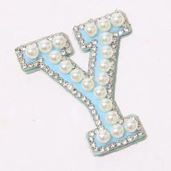 Stock New Blue Alphabet Embroidered Applique Diamond Colorful Letter Stick on Party Gift Self Adhesive Pearl Rhinestone patch