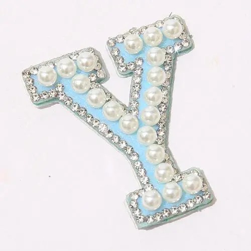 Stock New Blue Alphabet Embroidered Applique Diamond Colorful Letter Stick on Party Gift Self Adhesive Pearl Rhinestone patch