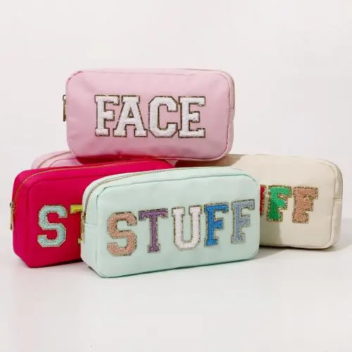 Keymay Stock Chenille Patches Toiletry Pouch Makeup Organizer Cosmetic Bag Cases Custom Premade Letters on Designer Makeup Bag