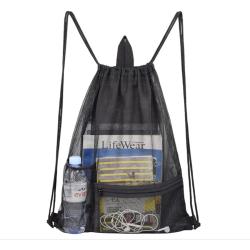 Gelory Heavy Duty Beach Swimming Gym Drawstring Nylon Mesh Bag Backpack Sports String Sack Pack with Water Bottle Holder Front Pocket
