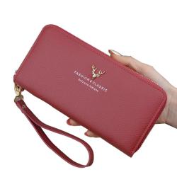 ZR811 Women's Wallet Long Handbag PU Single Zipper Deer Coins Wallet Purse Stylish Contrast Color Mobile Phone Bag Card Holder