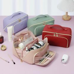 Private Label Portable PU Leather Makeup Bag Toiletry Organizer Make Up Pouch Flat Lay Opening Cosmetic Bag