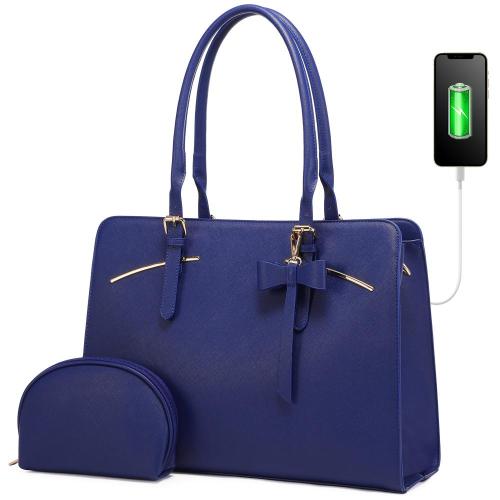 LOVEVOOK PU Leather Work Computer Satchel Bags 15.6 Inch Large Briefcase Bag with USB Charging Port Laptop Tote Bag for Women