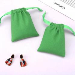 Custom Logo Printed Small Green Cotton Linen Drawstring Key Jewelry Storage Bag Organic Muslin Linen Gift Packing Pouch
