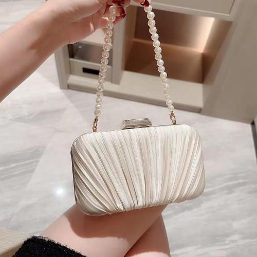 New Arrival Satin Wrinkle Clutch Bag Handbag Party Bride Wedding Purse Pearl Chain Square Evening Bags Women Clutches