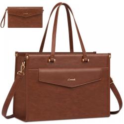 LOVEVOOK 2pcs 15.6in Vintage Leather Tote Bag Business Work Bags Office Briefcase with Clutch Purse Handbag Laptop Bag for Women