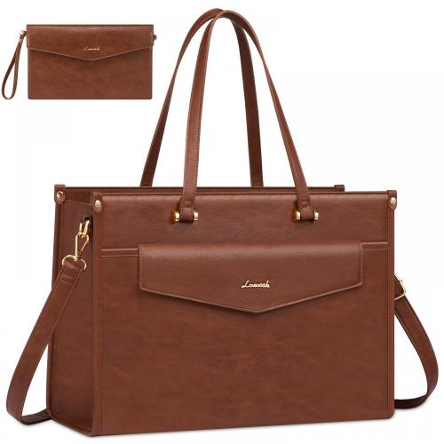 LOVEVOOK 2pcs 15.6in Vintage Leather Tote Bag Business Work Bags Office Briefcase with Clutch Purse Handbag Laptop Bag for Women