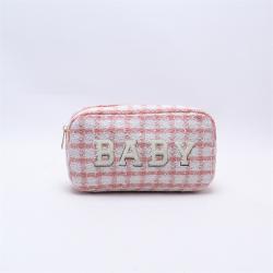 Designer Jewelry Tweed Cosmetic Zipper Lock Custom Embroidery Letter Checkered Makeup Bag Professional Top Zipper Pouch