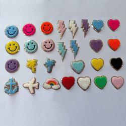 Smiley Face Chenille Embroidered Patches with Gold Glitter 7 color Available for Bag and DIY Accessories