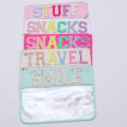 Factory Low MOQ Letter Embroidered Waterproof PVC Flat Zipper Pouch Cosmetic Organizer Travel Cosmetic Bag Clear Toiletry Bag