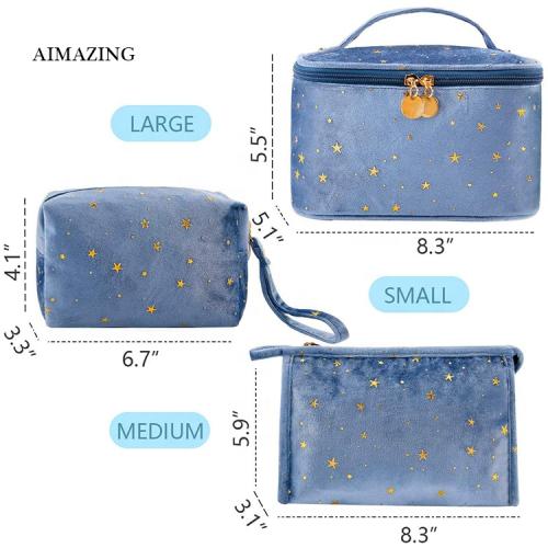 Blue Portable Makeup Case Large Velvet Cosmetic Bag  Luxury Toiletries Bag Custom Unisex Toiletry Bag Case