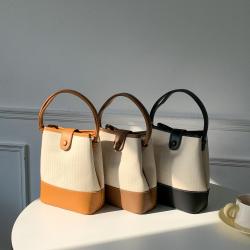 Korean Version New Fashion Art Canvas Handbag Simple Pleated Underarm Bag PU Spliced Bucket Bag for Women