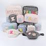 Keymay Personalized Chenille Varsity Letter Patches Cherecked Plaid Cute Pouch Cosmetic Itemes Makeup Bag Zipper Tweed Bag