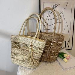 New Handmade Grass Weaving Large Capacity Beach Vacation Contrast Color Handbag