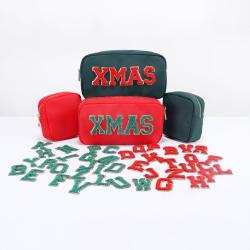 Christmas Red Green Nylon Pouch Embroidery Print Chenille Letter Bag Make Up Pouch Travel Toiletry Set Unisex Nylon Bag Cosmetic