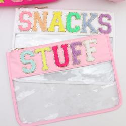 Chenille Letter Embroidered Pouch Nylon Transparent PVC Toiletry Zipper Pouch Clear Makeup Storage Flat Bags Clear Cosmetic Bag
