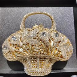 High Quality Luxury Clutch Handled Rhinestone Crystal Purse Flower Basket Evening Bag