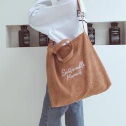 Corduroy Handbags Literary Embroidery Letter Tote Bag Retro College Style One-shoulder Diagonal Handbag Big Bag