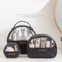Gelory Fashion Three-Piece Pink/Black Colors PVC PU Transparent Cosmetic Bag Set Luxury Travel Toilet Bag