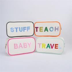 Keymay Custom Logo Multi-color Large Capacity Embroidery Letter Bags Cosmetics Bag Women Makeup Canvas Pouch with Zipper