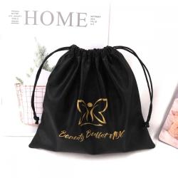 Custom Logo Printed Black Color Satin Drawstring Hair Packaging Extension Bag Soft Satin Silk Dust Underwear Pouch
