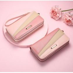 HR729 Women New Fashion Design Leather Wallets Long Double-layer Zipper Coin Stylish Contrast Color Mobile Phone Bag Card Holder