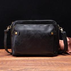 Customized Men's Leather Shoulder Crossbody Bag Three Layers High-Capacity Leather Sling Bag