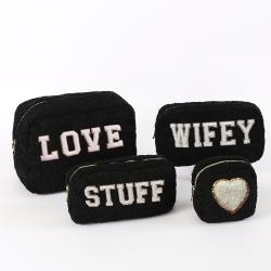 Keymay RTS Stock Winter Embroidery Chenille Letter Patches Gold Zipper Cozy Sherpa Makeup Bag Teddy Cosmetic Bag Plush Pouch