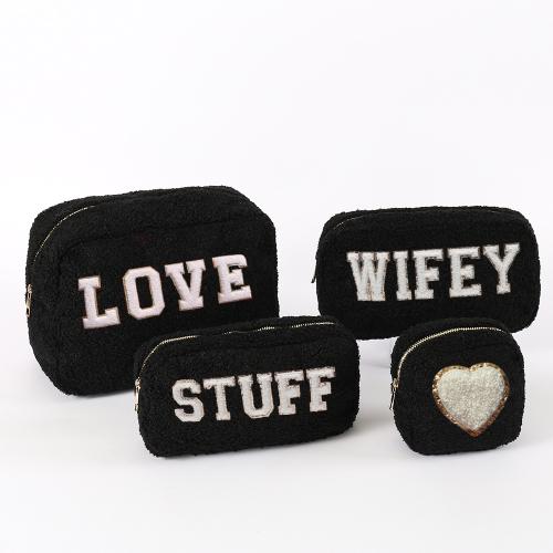 Keymay RTS Stock Winter Embroidery Chenille Letter Patches Gold Zipper Cozy Sherpa Makeup Bag Teddy Cosmetic Bag Plush Pouch