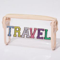 Keymay DIY Personalized Chenille Patches Portable Waterproof Clear Pvc Travel Bag Outdoor Toiletry Bag Small Makeup Bag Cosmetic