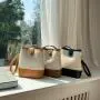 Korean Version New Fashion Art Canvas Handbag Simple Pleated Underarm Bag PU Spliced Bucket Bag for Women