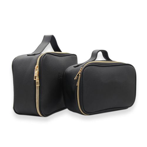 Luxury Makeup Bag Cosmetic Case Storage Black Saffiano Leather Handle Organizer Portable Wash Travel Toiletry Kit For Ladies