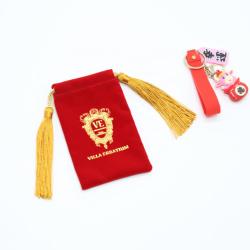 Custom Gold Logo Printed Tassels Small Velvet Bag For Necklace Red Soft Luxury Velvet Jewelry Pouch