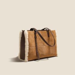 2021 Fall Winter Luxury Women Purse Handbag Shoulder Tote Hand Bag Ladies Large Capacity Genuine Leather Laptop Handbag With Fur